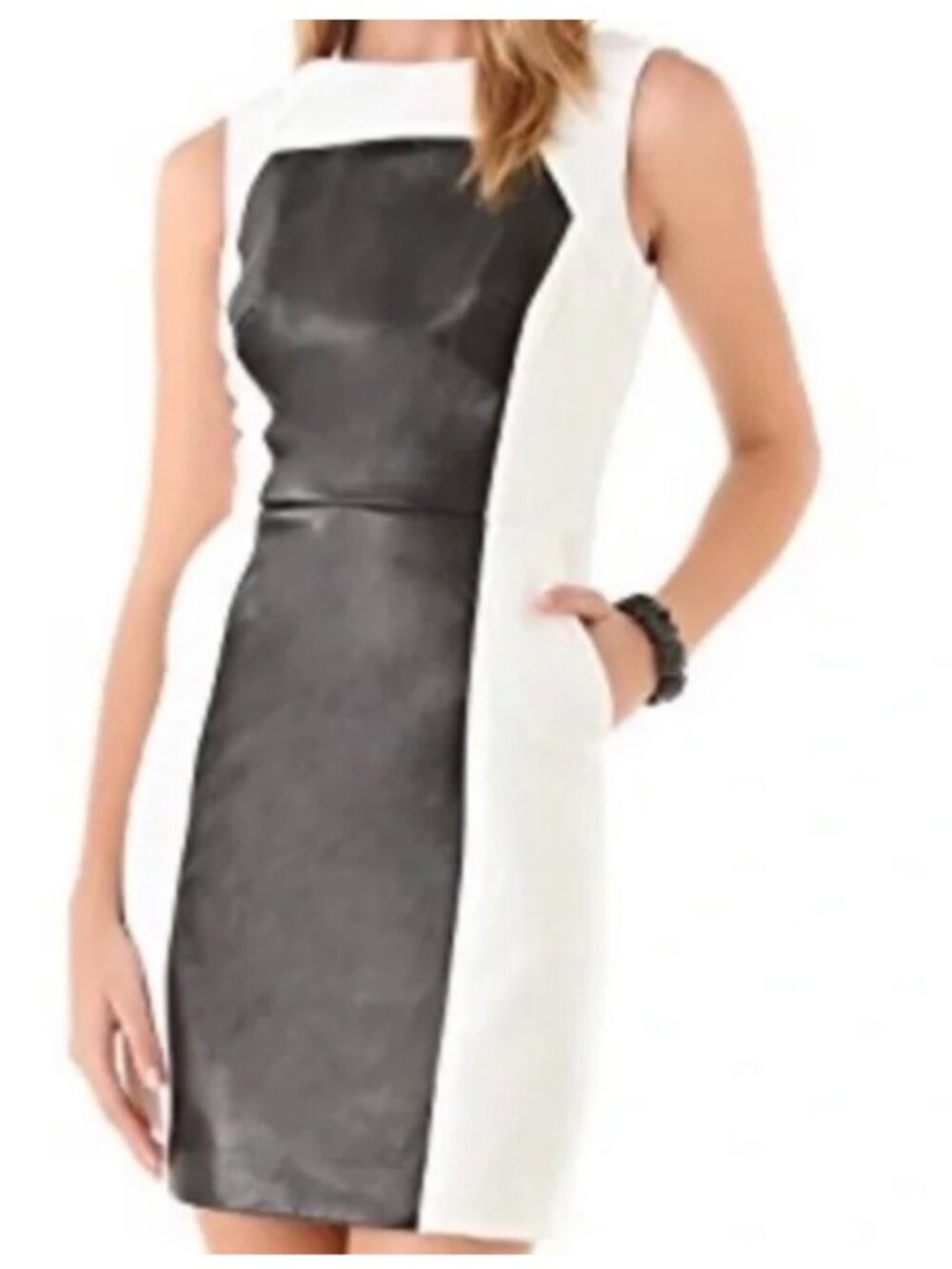 Milly Nina Leather Panel White and Black Colorblock Sheath Dress Size 6